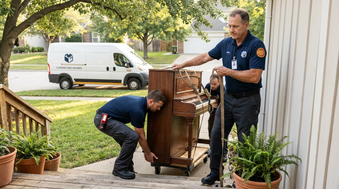 Licensed piano movers securing grand piano in Great Falls, VA