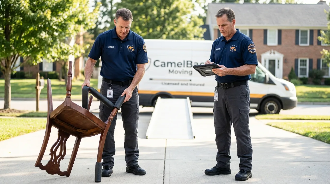 Movers inspecting furniture for damage prevention before loading in Great Falls, VA