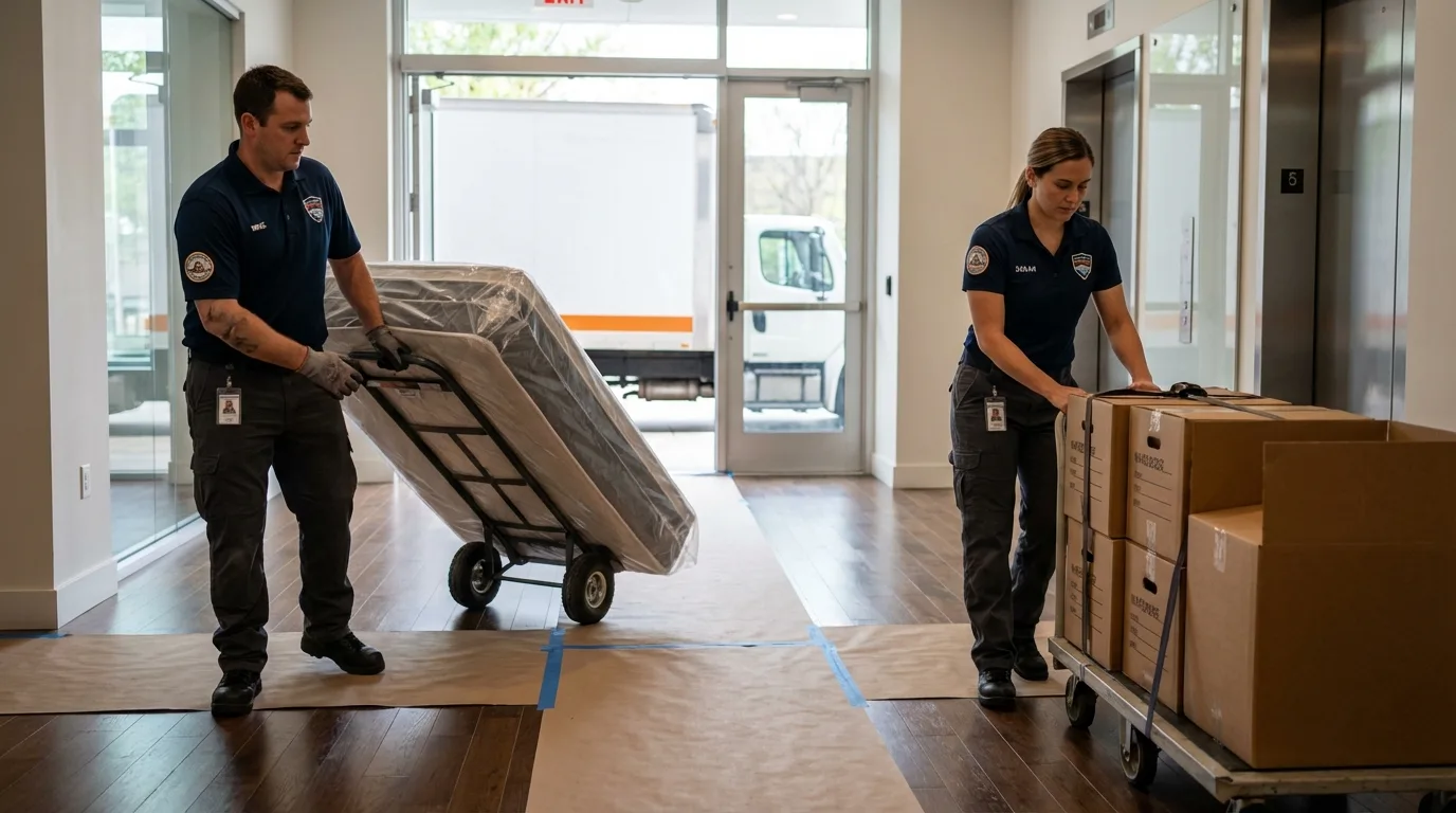 Professional apartment movers loading elevator in Great Falls, VA